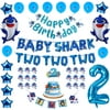 Party Supply Baby Shark 2nd Birthday Decorations Boy - Blue Baby Shark TWO TWO TWO and Number 2 Foil Balloons 2 DOO DOO Cake Topper Happy Birthday and TWO Banner Cute Shark Latex Balloons Cupcake Topp