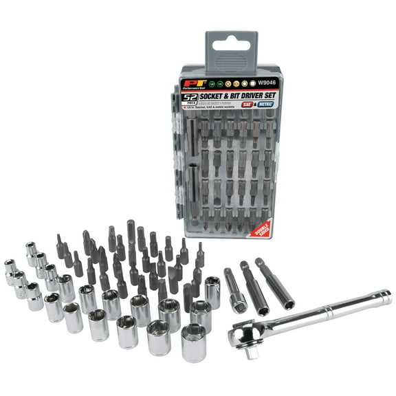 Performance Tool W9046 52 Piece Socket and Bit Driver Set with 1/4-Inch Drive Ratchet, SAE and Metric Sockets, and Assorted CR-V Bits in Flip Case