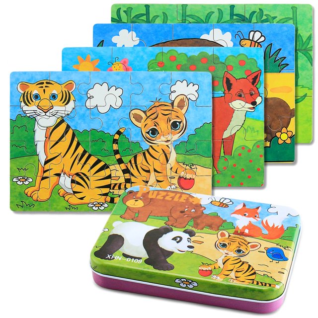 Rompecabezas de madera, juguete educativo de aprendizaje para niños con caja de hierro WD.WDQZL Hogar