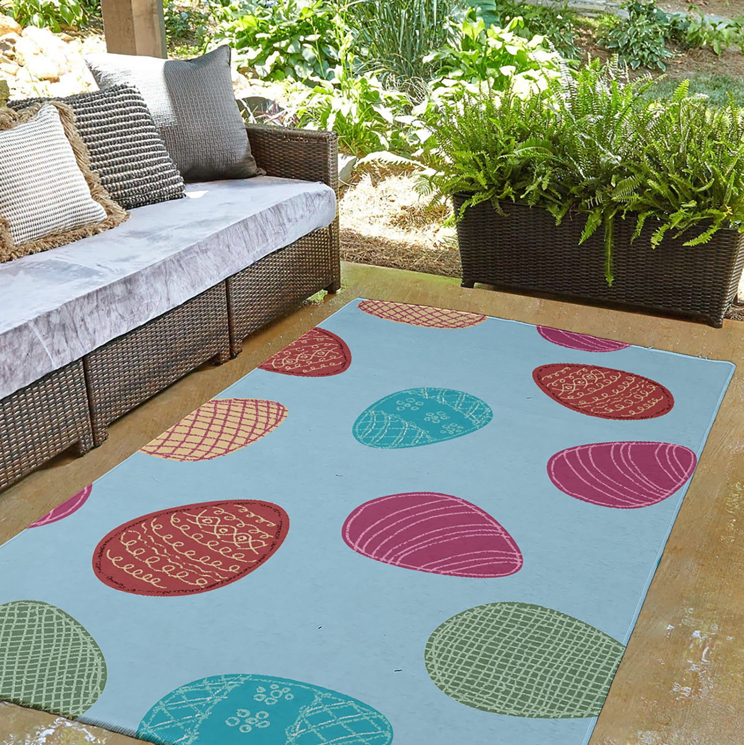Simply Daisy 3' x 5' After Rain Blue Egg Hunt Easter Chenille Indoor/Outdoor Rug