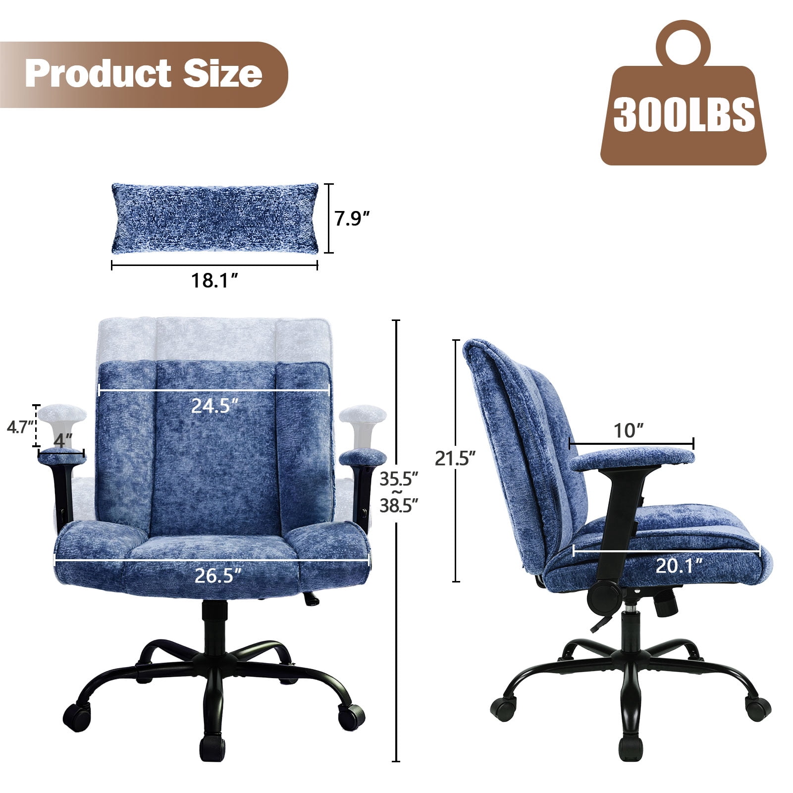 zzw Chenille Home Office Criss Cross Chair with Flip Arms, Lumbar Support and Wheels, Blue