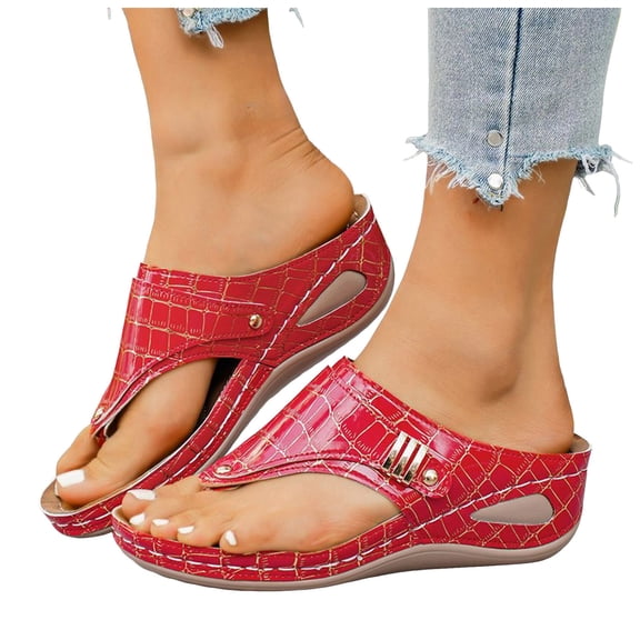 Flip Flops for Women Nonslip Thick Sole Wedge Sandals Retro Snakeskin Pattern Leather Dressy Summer Beach Vacation Shoes Red Size 9.5