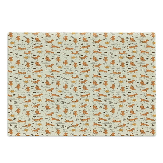Cat Cutting Board, Do Yoga Be Happy Theme Warm Cats in Positions Smiling Suns Paws Prints Hearts, Decorative Tempered Glass Cutting and Serving Board, Large Size, Cream Orange Brown, by Ambesonne