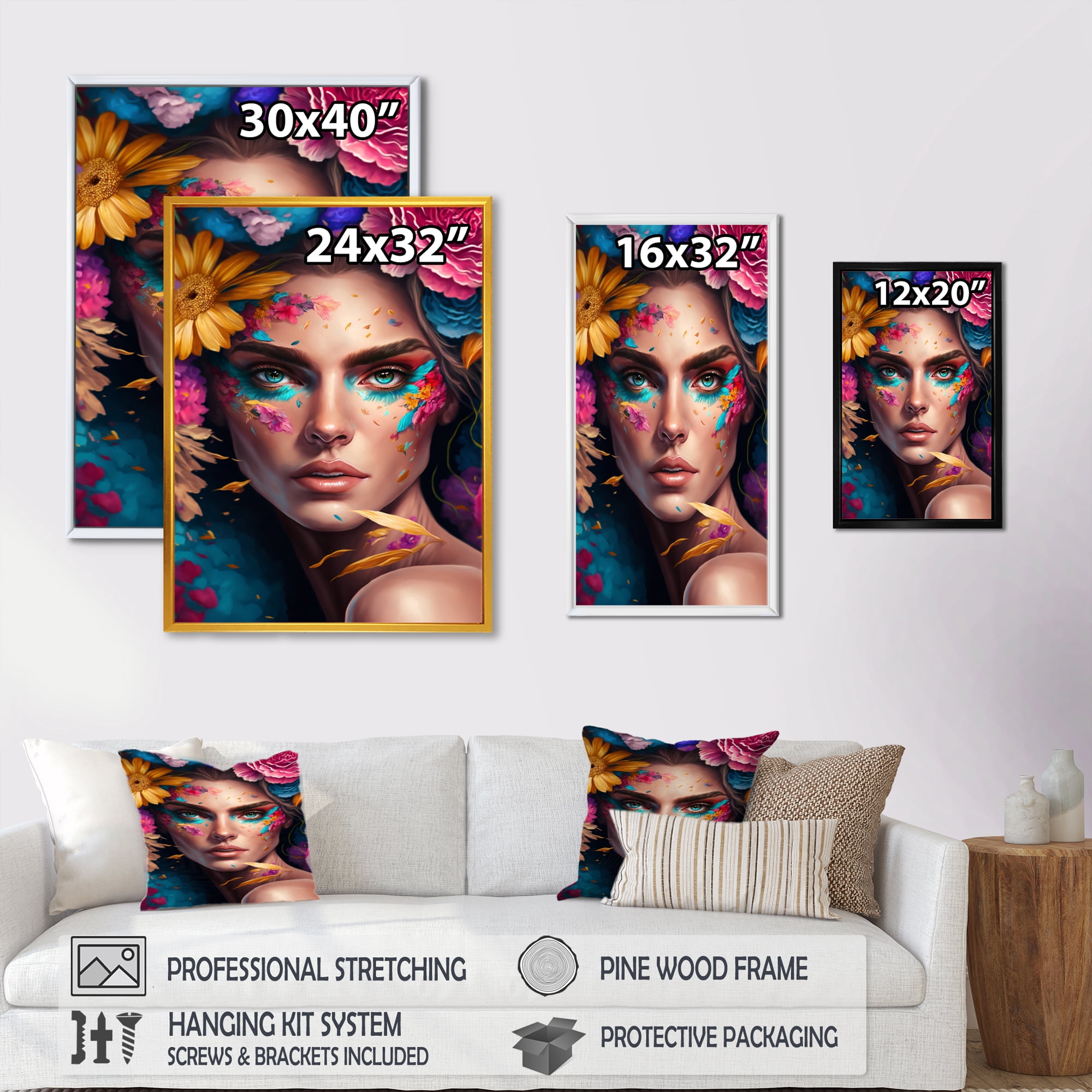 Designart Floral Sensual Woman Portrait III Floating Frame Wall Art