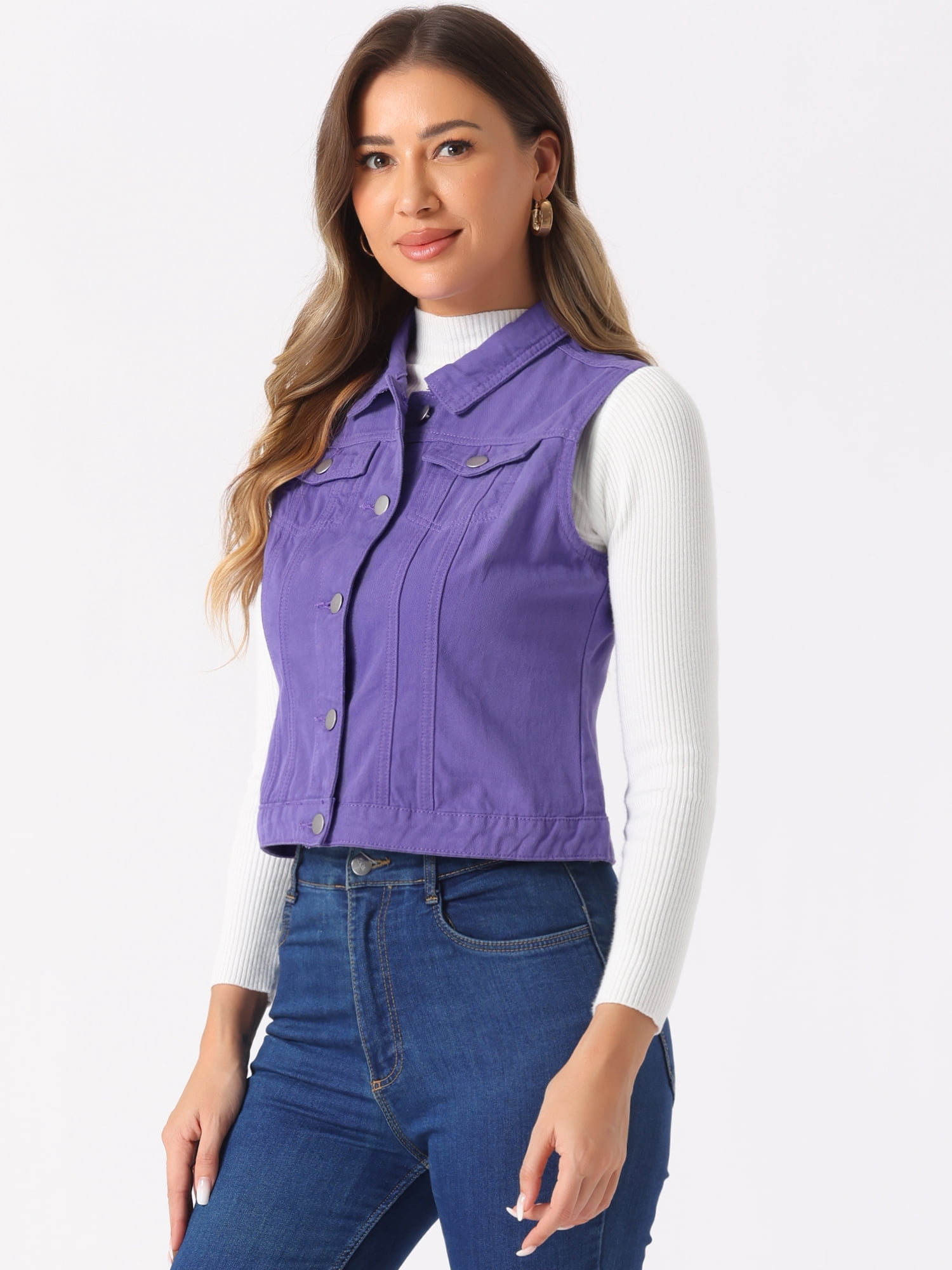 DARING DIVA Women's Denim Sleeveless Flap Pockets Vest Jacket XL Purple