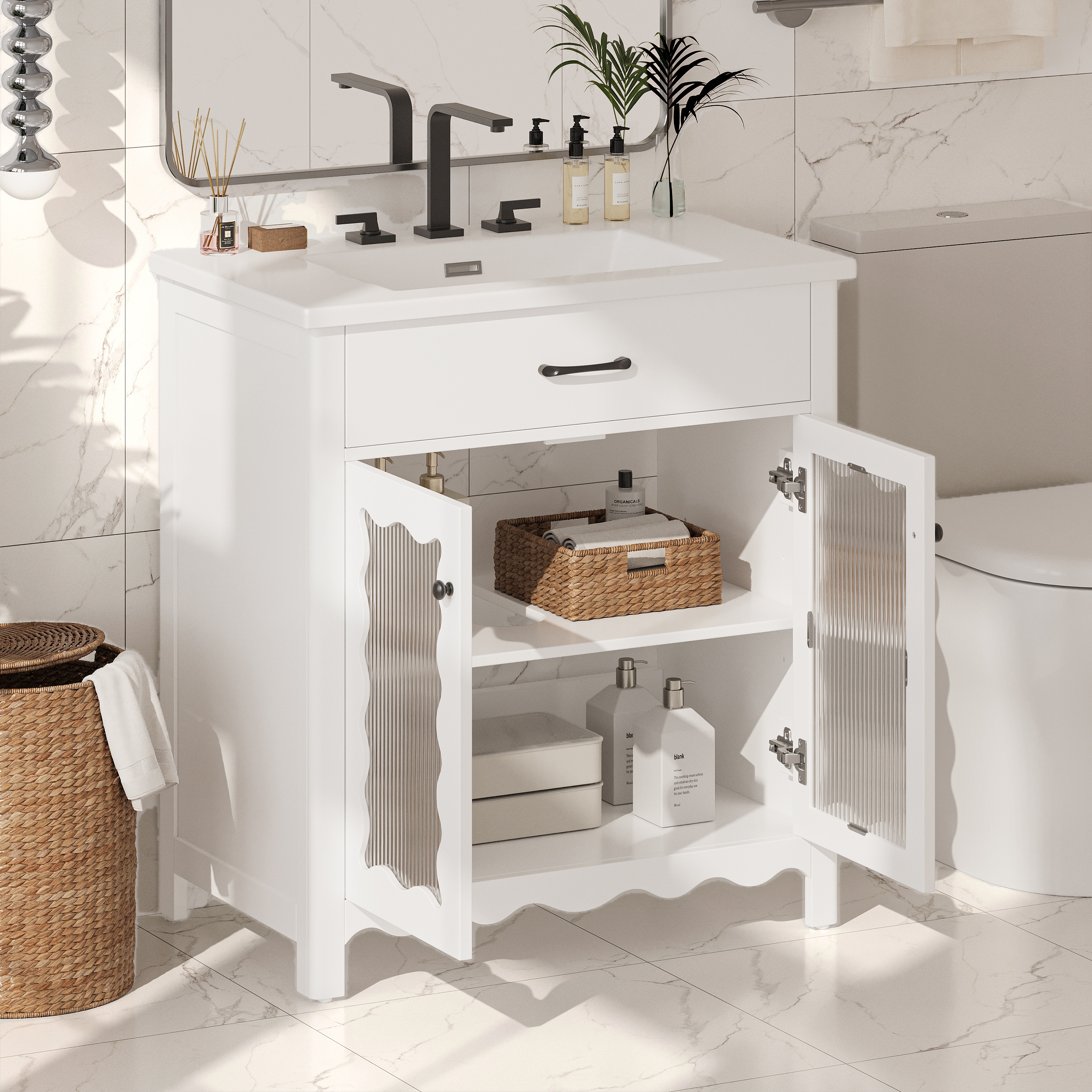 SESSLIFE 30 Inch Bathroom Vanity with Sink, White Bathroom Cabinet with Vertical Striped Tempered Glass Doors, Soft Close Doors, Rubber Wood Legs, Single Sink Vanity