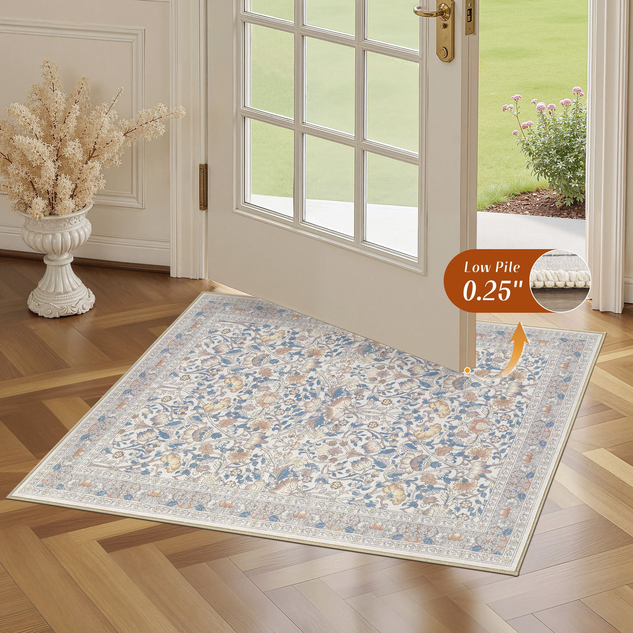 UERMEI 2x3 Small Area Rugs for Entryway, Machine Washable Non Slip Indoor Door Mats, Floral Throw Rug for Bedroom Hallway, Laundry Room Carpets - Beige/Blue/Brown