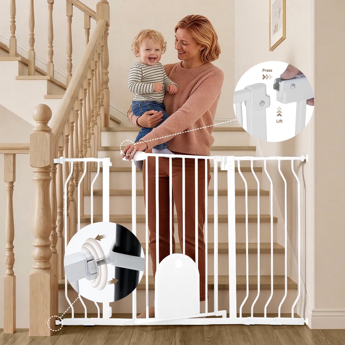 Pet Gate, 29.5''-43.7'' Dog Gates with Cat Door for Stairs & Doorways, Gate for Ages 6 to 36 Months, White