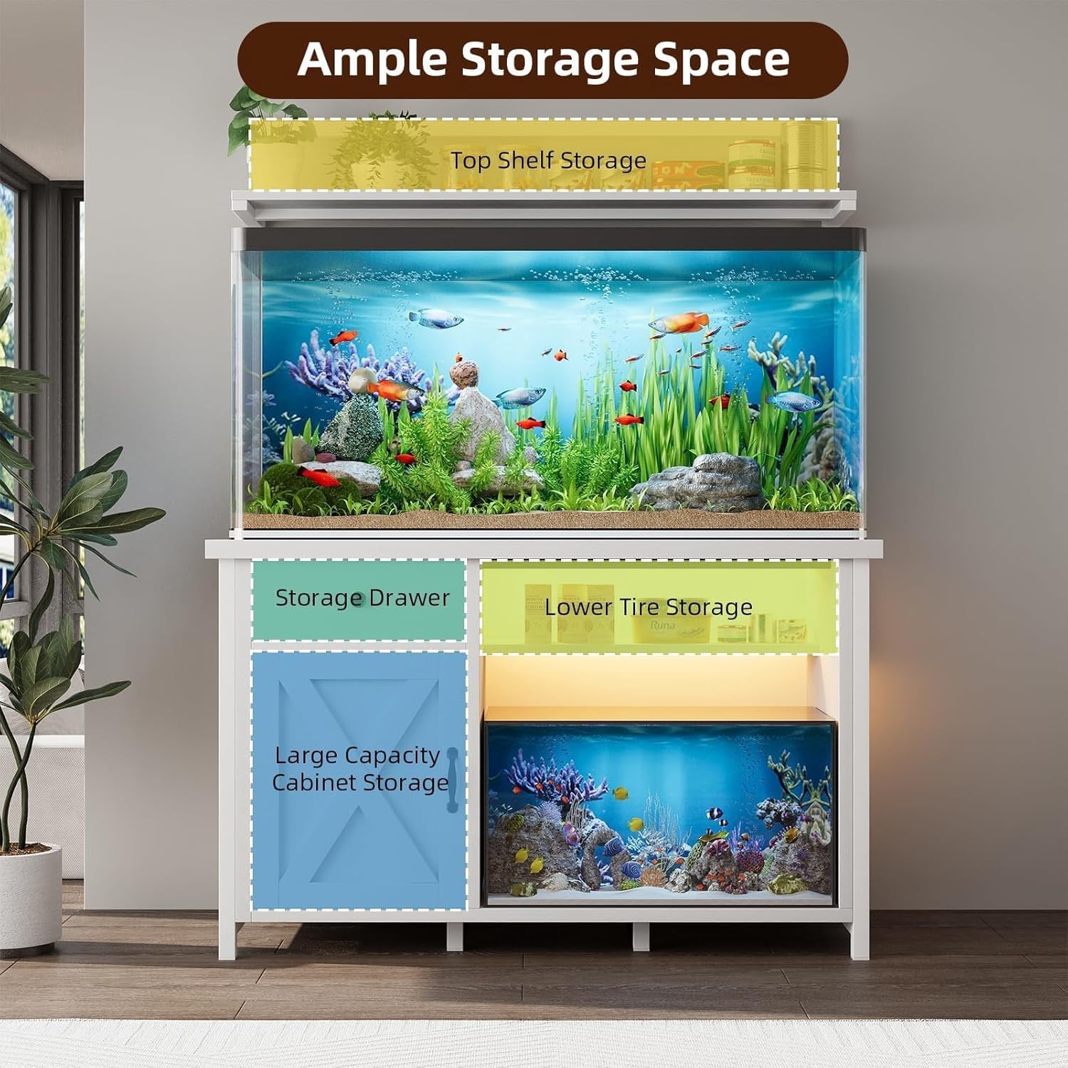 Catrimown Fish Tank Stand with Power Outlet and Led Light, Cabinet for 55-75 Gallon Aquarium, RGB Lighting Strip Ideal for Turtle Enclosure, Supports up to 1100 Pounds, White