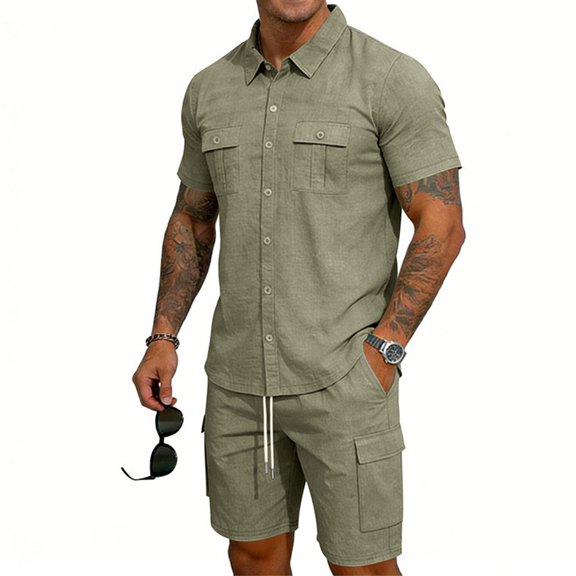 LWavelet Men's Linen Blend Button Down Shirt and Cargo Shorts Set Casual Summer Beach Outfit Army Green 2XL