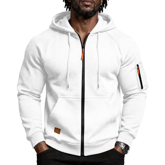 Mens Zip Up Hoodie Long Sleeve Fleece Casual Hooded Sweatshirts Athletic Full Zip Jacket with Pockets White L
