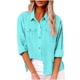 thumbnail image 2 of Qwertyu Button down Shirts for Women Lapel Long Sleeve Cotton Linen Tops Causal Lightweight Summer Spring Blouse Tees with Pocket Cyan S, 2 of 5