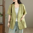 thumbnail image 3 of APEXFWDT Women's Cotton Linen Short Sleeve Cardigan Coat V Neck Button Blazer Jacket for Spring and Summer,XXL,Green, 3 of 5