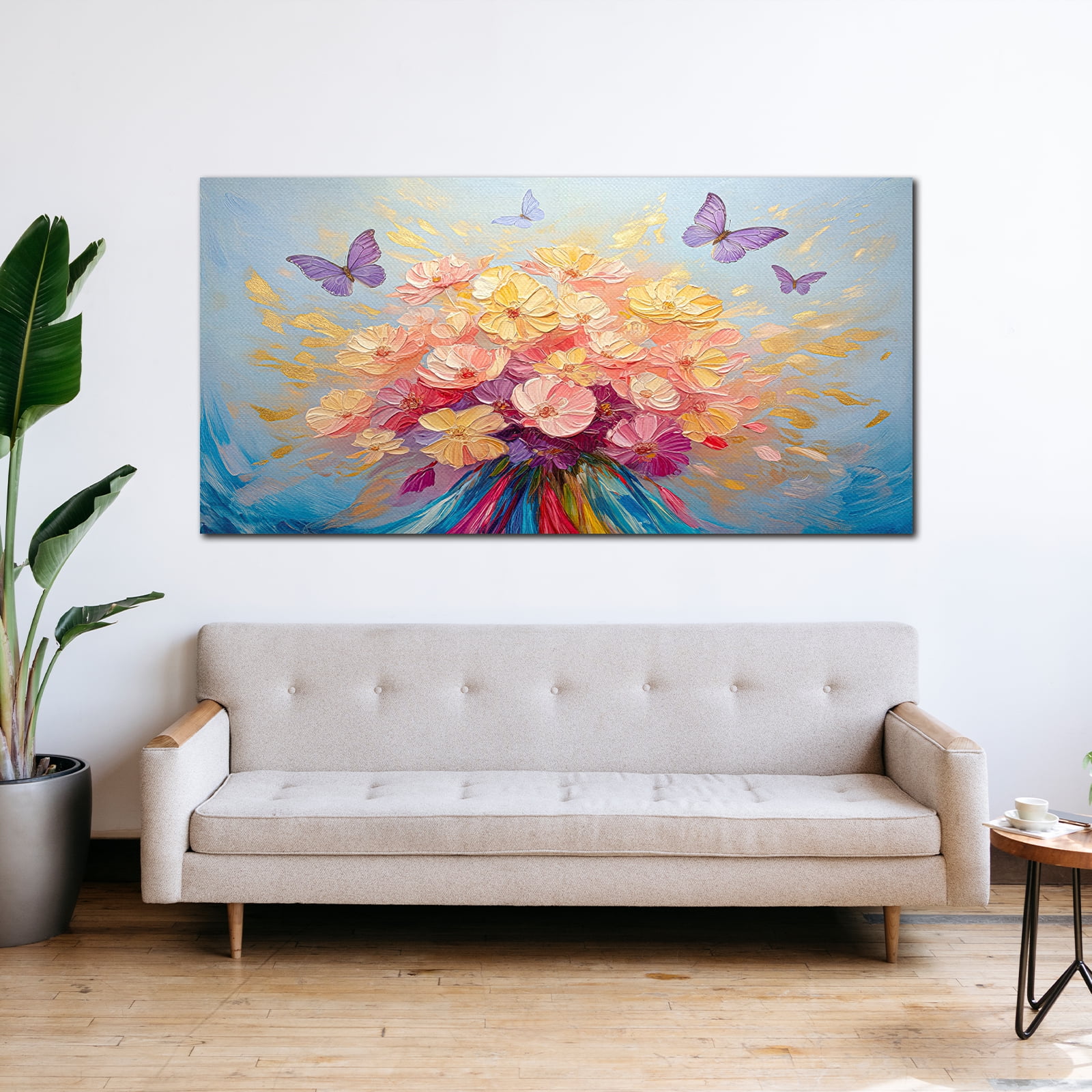 Oversized Floral Paintings, Large Canvas Wall Art for Living Room Bedroom Decor, Abstract Landscape Artwork Butterfly Flower Pictures Prints for Office Home 60x30"