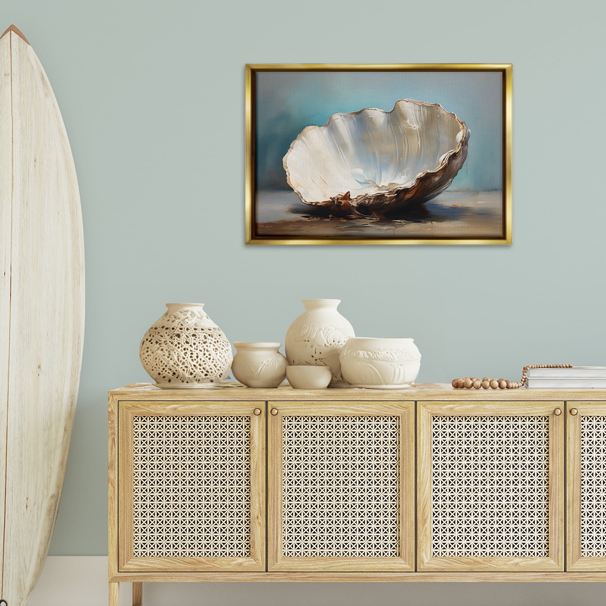 Stupell Industries Neutral Shell Still Life Nautical & Beach Painting Gold Floater Framed Canvas Art Print Wall Art, 31 x 21