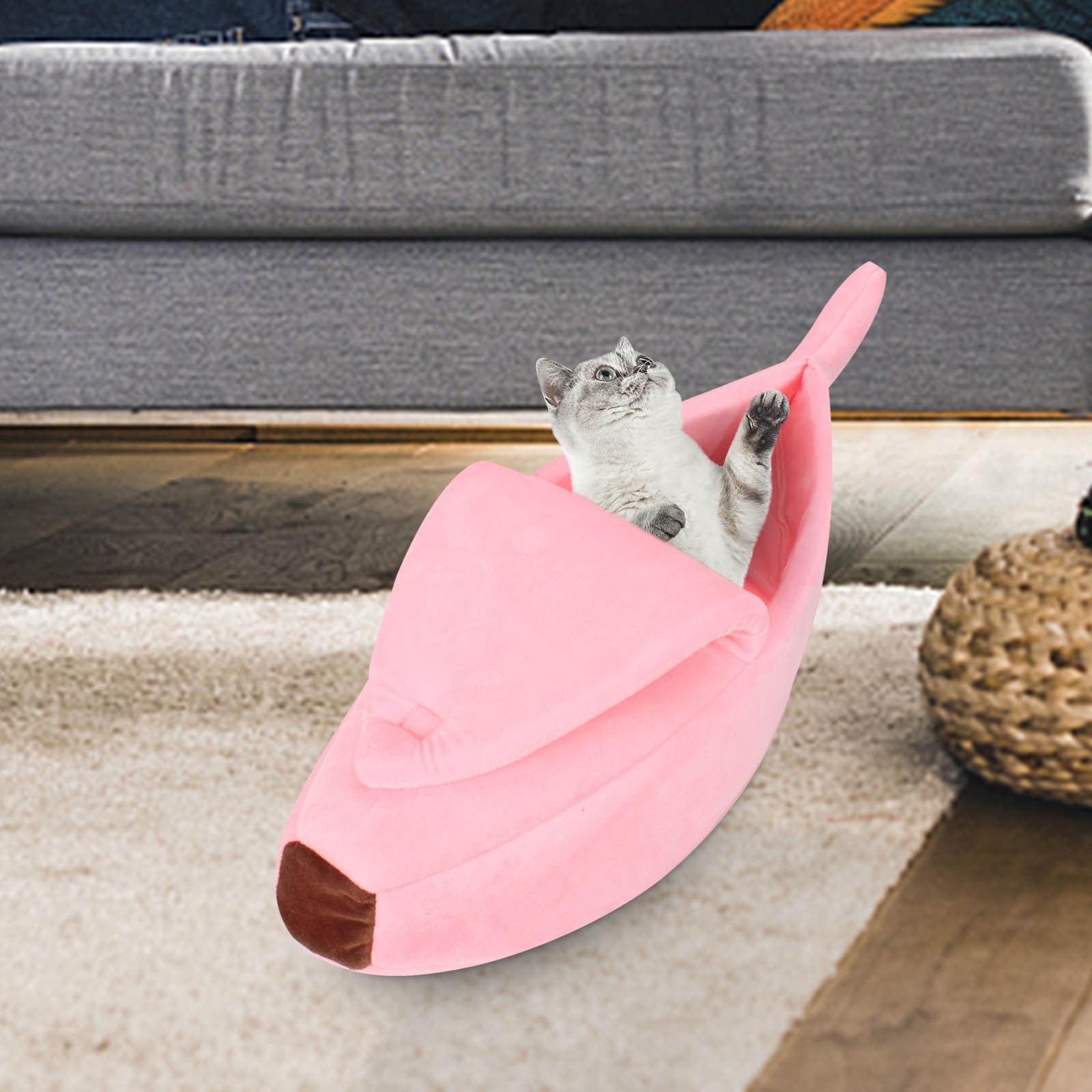 PureCasa Banana Shaped Soft Dog Cat Bed for Fall Winter, Short Plush Enclose Fluffy Pet Bed Kennel Cushion, Sleeping Pad for Small Cats Dogs, Modern Decor, Oval, 1 Pack, XL 35"x12"x8", Pink