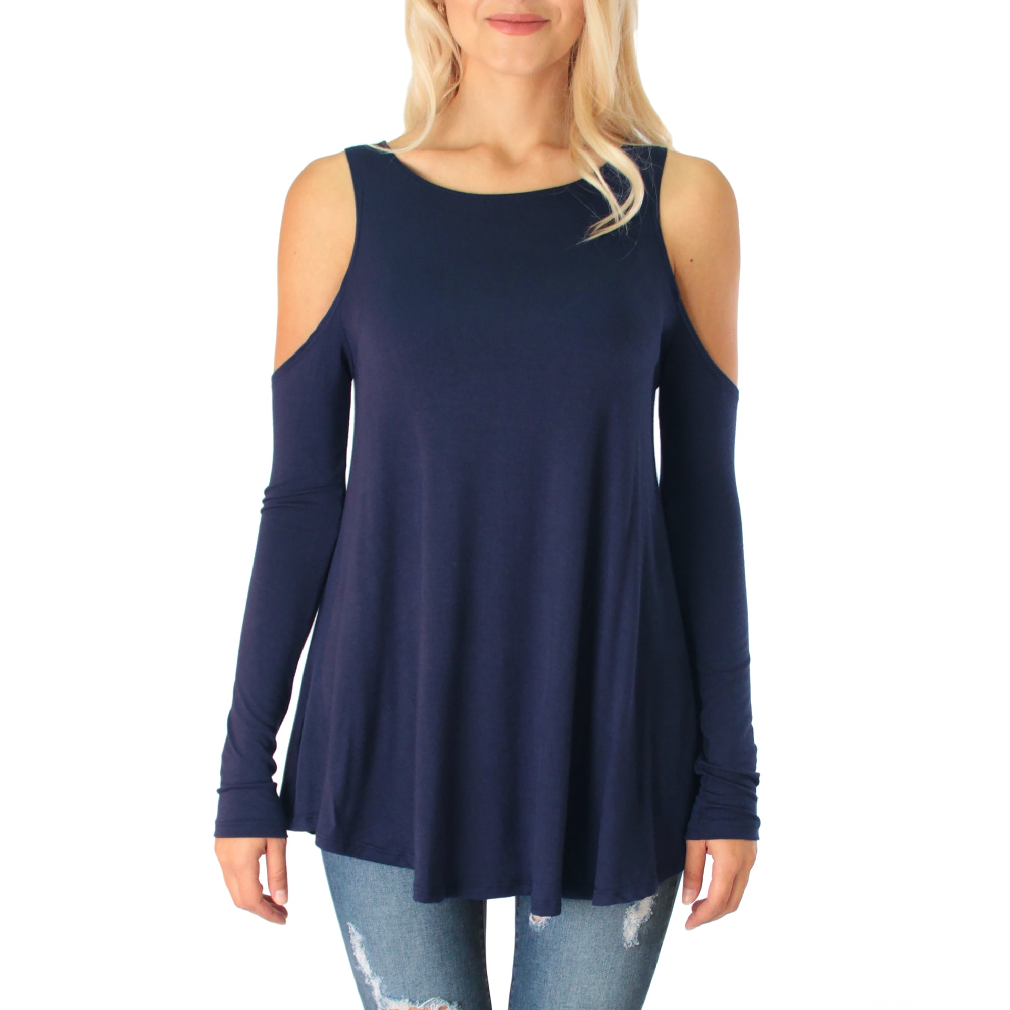 American Made Women's Open Shoulder Long Sleeve Shirt Top In Missy and ...