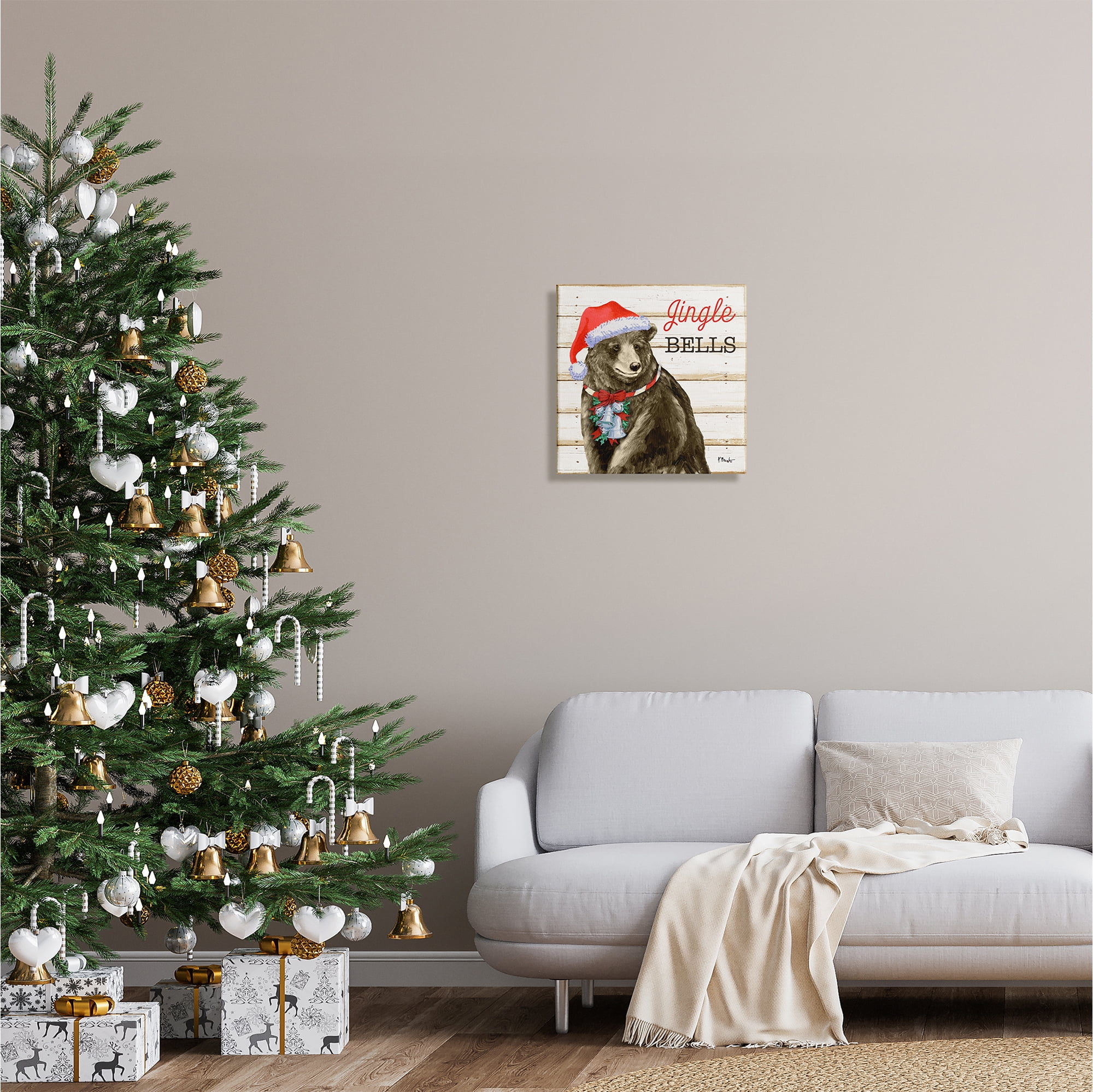 Stupell Industries Rustic Jingle Bells Bear Holiday Painting Gallery Wrapped Canvas Print Wall Art, 17 x 17