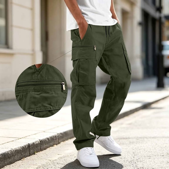 WIZUTIZ Men's Cotton Cargo Pants Drawstring Waist Ankle Tie Relaxed Fit Multi Pocket Outdoor Straight Trousers