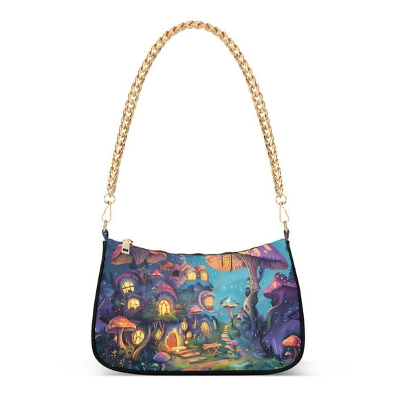 Ryvnso Mushroom Houses Forest Womens Chain Shoulder Bag Tote Handbags Clutch Hobo Purse with Zipper for Travel