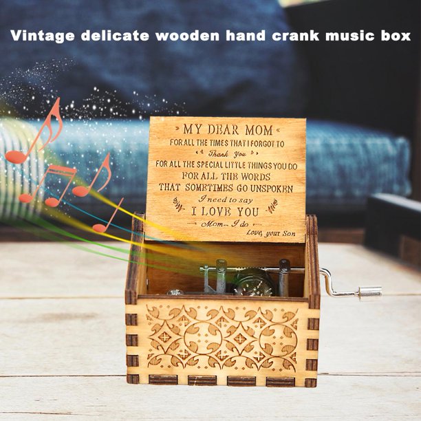 Decoración Caja de música con manivela de madera Retro tallada chico regalo de cumpleaños decoración del hogar