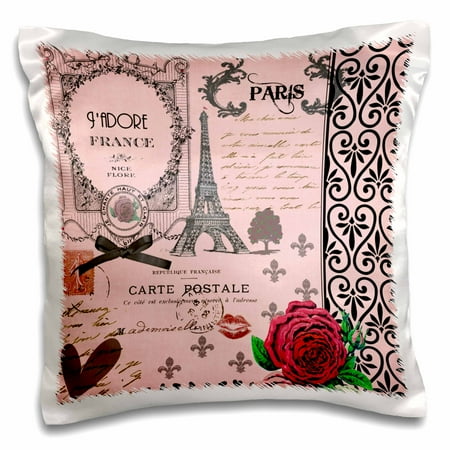 Rose Collage (3dRose Stylish Vintage Pink Paris Collage Art - Eiffel Tower - Red Rose - Girly Gothic Black Bow and swirls - Pillow Case, 16 by)