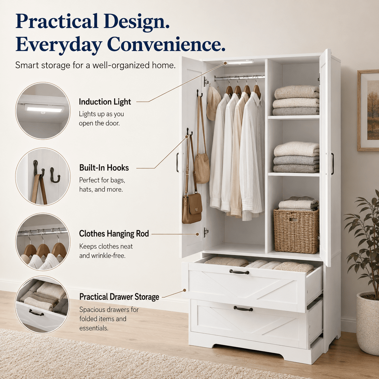 Aukfa 2-Door Wardrobe Armoire with Mirror & Built-In Induction Light, Bedroom Wood Closet with Hanging Rod & 2 Drawers,White