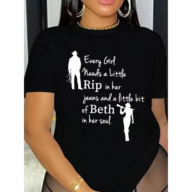 Camisetas con diseño gráfico para mujer, playera corta, clásico, estética, ropa de verano de los 90Chic 'Little Rip in Her Jeans' Graphic Tee - Casual Crew Neck Short Sleeve Top for Women, Breathab