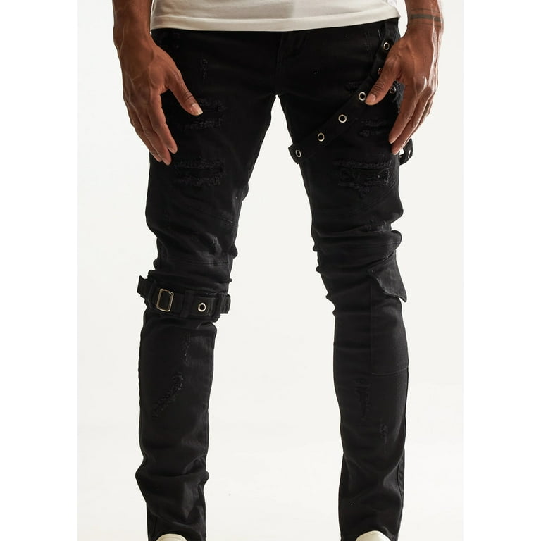Embellish NYC Men's Rip Repair Buckle Straps Distressed Skinny