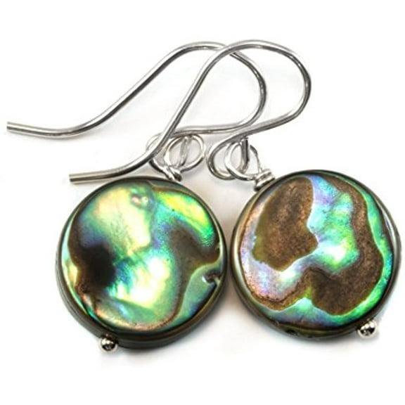 Sterling Silver Mother of Pearl Earrings Abalone Paua Round Small MOP Peacock Blue Everyday Simple Dangles Designed for Adult Women