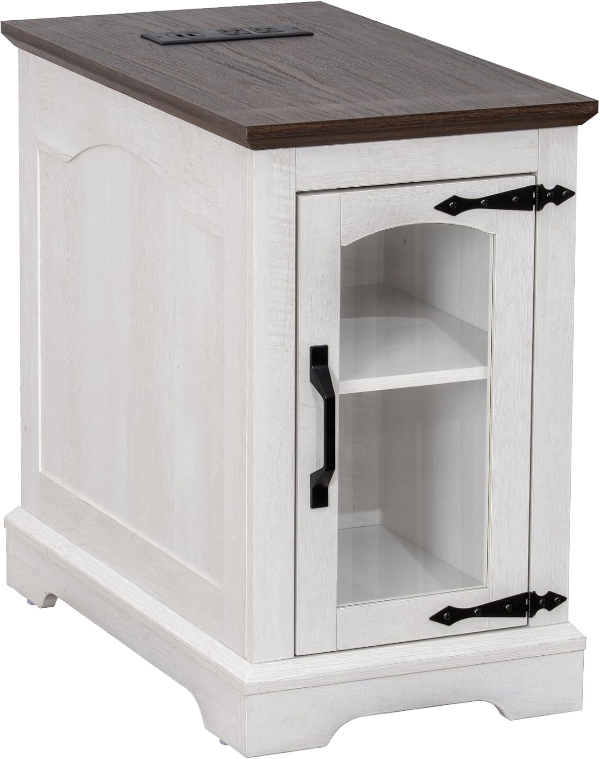 (4 pack) RTC GROUP Narrow Farmhouse End Table with Charging Station, Bedside Table with Storage Cabinet, 2 AC Outlets & 2 USB Ports, Side Table for Bedroom, Living Room, Couch or Sofa, White Oak