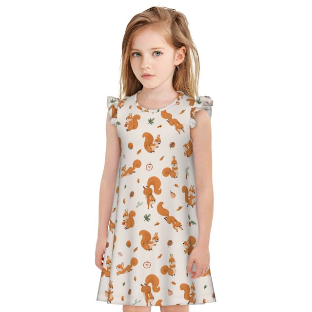 Fotbe Cute Squirrel Fall Vestido de Dormir para Niñas de 3 a 10 Años, Mangas Cortas, Estilo Princesa, Pijama Camisón con Mangas Voladas-Small