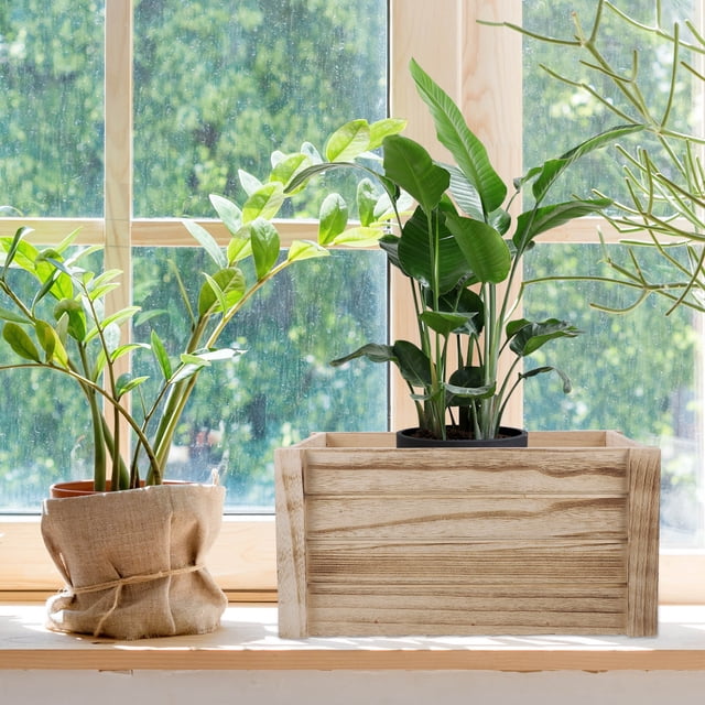 VERDANVERSE 1Set Rectangular Planter Wood Flowerpot Burnt Color Antique Design for Succulents