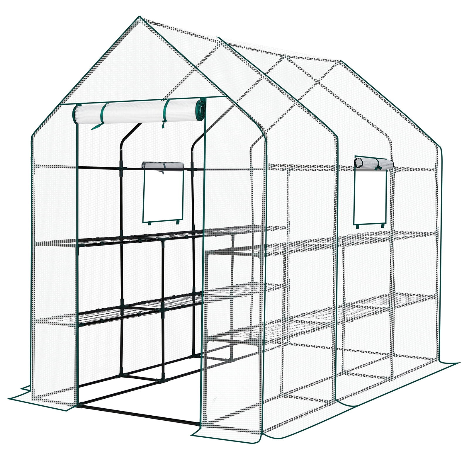Walk-in Greenhouse 56×85×77 in, 12-Shelf Plant Green House with Roll-Up Zipper Door & Side Windows, Powder-Coated Steel Frame, Weather-Resistant PE Cover for Backyard Patio Garden