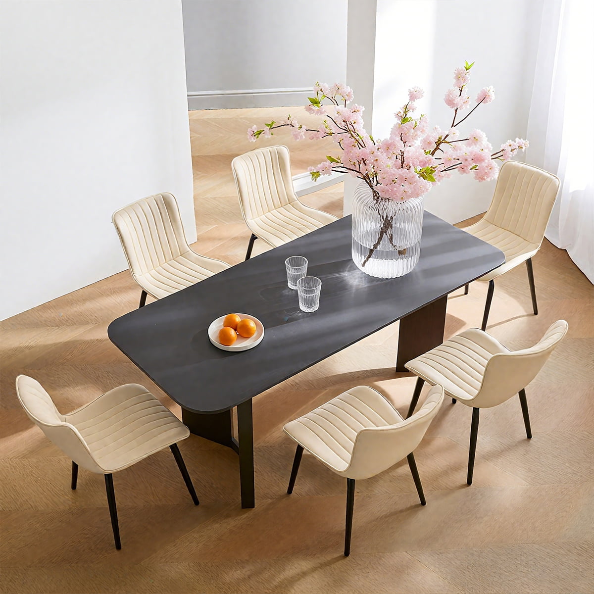 L'AGRATY Modern Dining Chairs Set of 6, High Back PU Leather Upholstered Kitchen Chairs with Cushion - Heavy Duty Metal Legs for Dining Room, Restaurant, Cafe (Beige)