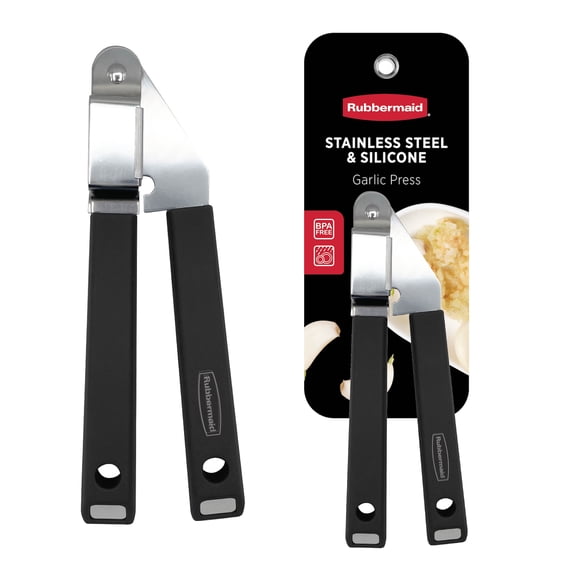 Rubbermaid Stainless Steel Garlic Press, 7.8” x 2.5” Garlic Mincer with Silicone Handle, Black