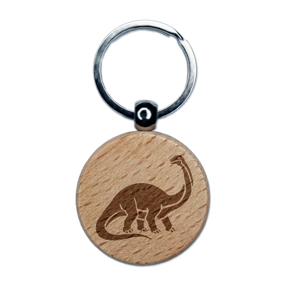 Brontosaurus Dinosaur Round Keychain Charm Tag - Engraved Wood