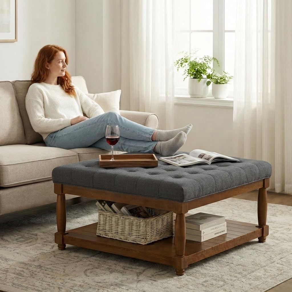 ODUWA Coffee Table Ottoman with Storage Shelf, Tufted Upholstered Footrest Stool, Solid Wood Base Accent Table for Living Room