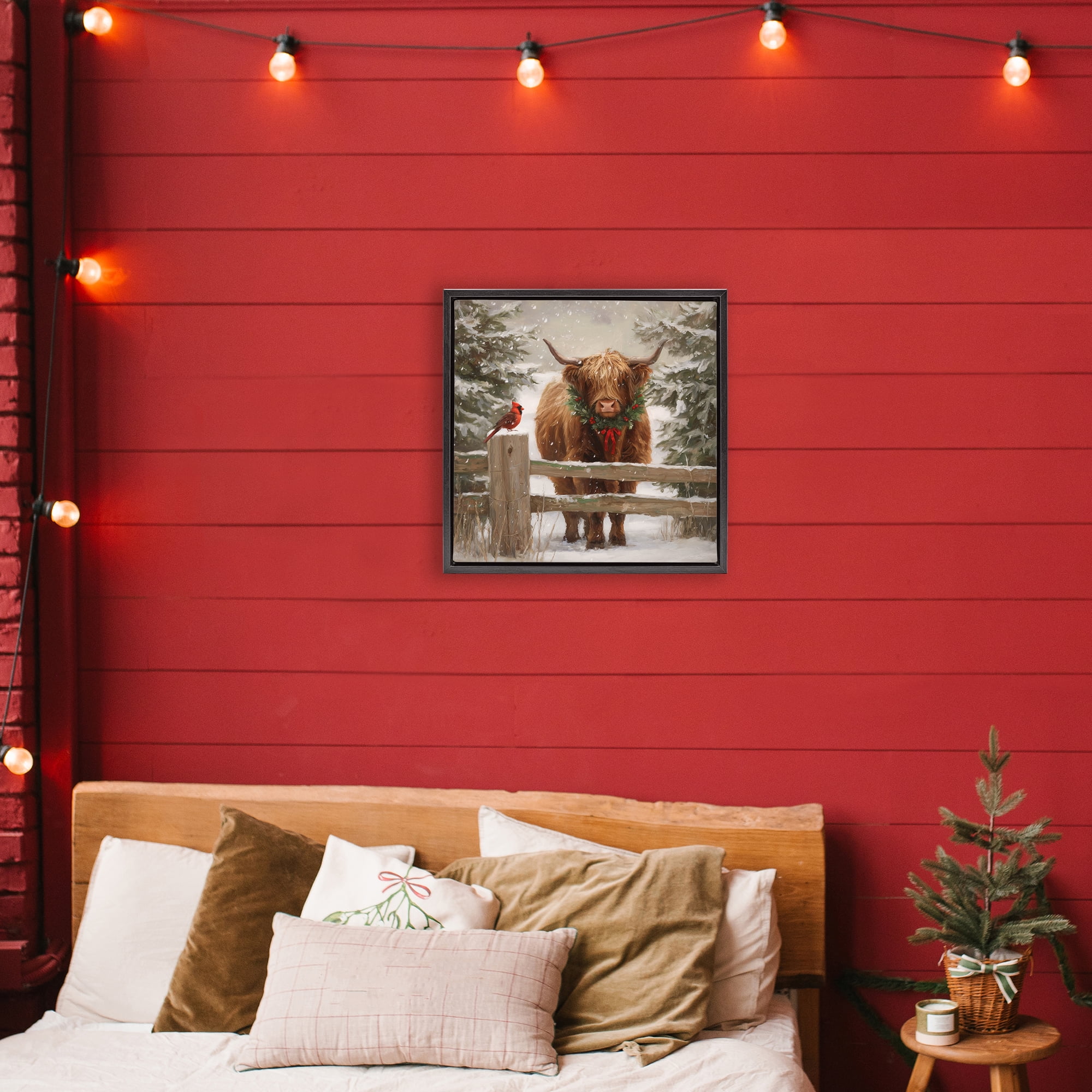 Stupell Industries Christmas Cow & Cardinal Black Framed Floater Canvas Wall Art, design by Tina LeCour