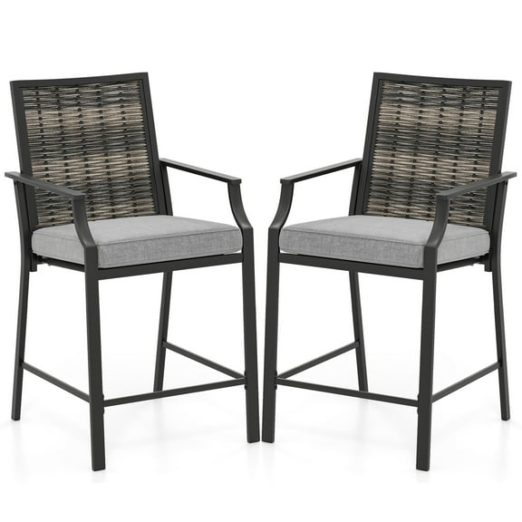 Gymax Patio Bar Stools Set of 2 w/ Armrest Fabric Seat & Heavy-Duty Metal Frame