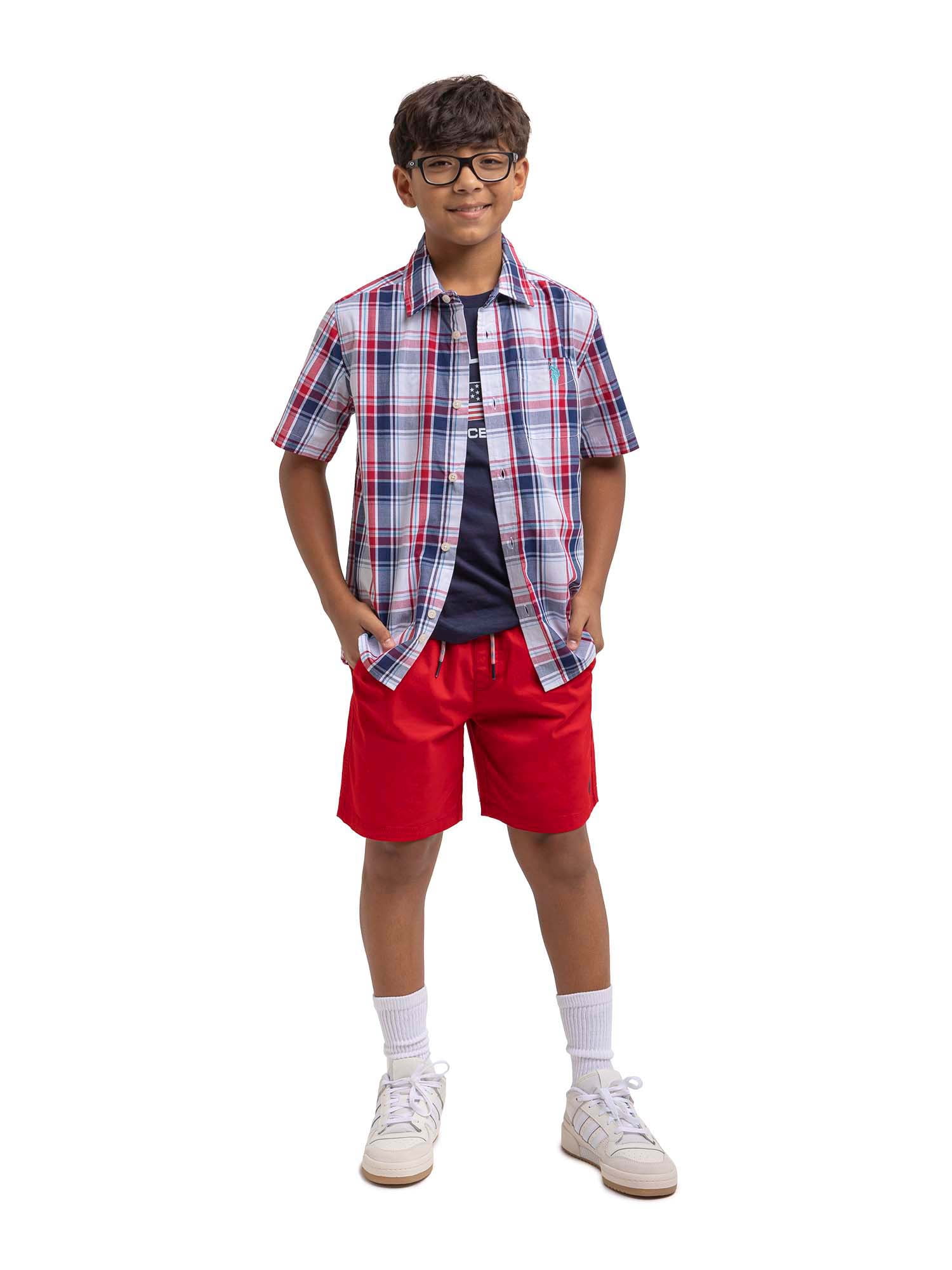 U.S. Polo Assn. Boys Short Sleeve Woven Button Up Shirt, Sizes 4-18