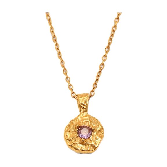 PAURO 12 Month Birthstone Necklaces for Women Gold Plated Stainless Steel Cubic Zirconia Lucky Hammered Textured Pendant Dainty Adjustable Personalized Gift Jewelry February