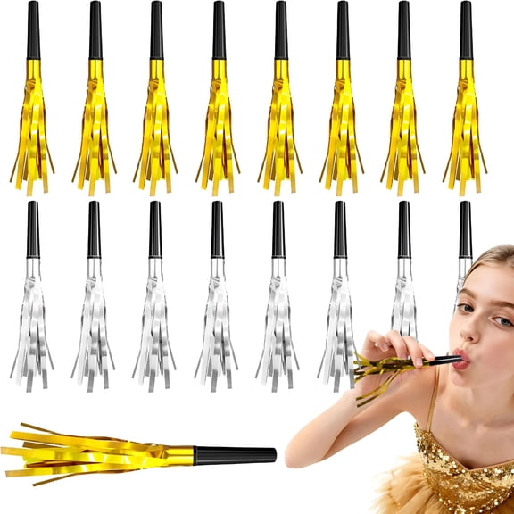 BESTSKY 48 Pcs New Years Eve Party Supplies,Gold & Silver Glitter Noise Makers,Fringed Blower Horns for Wedding,Birthday,Baby Shower Favors