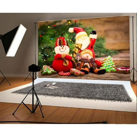 Image of MOHome Christmas Backdrop 7x5ft Photography Backdrop Snowman Doll Santa Claus Xmas Cookies Pine Twigs Wood Plank New Year Festival Celebration Children Baby Kids Photos Video Studio Props