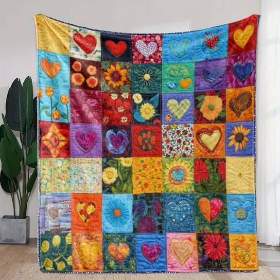 Colorful Patchwork Flannel Throw Blanket - Vibrant Love & Floral Patterns, Soft & Warm for Couch, Bed, Car, Office, Camping, Travel - Ideal All-Season Gift