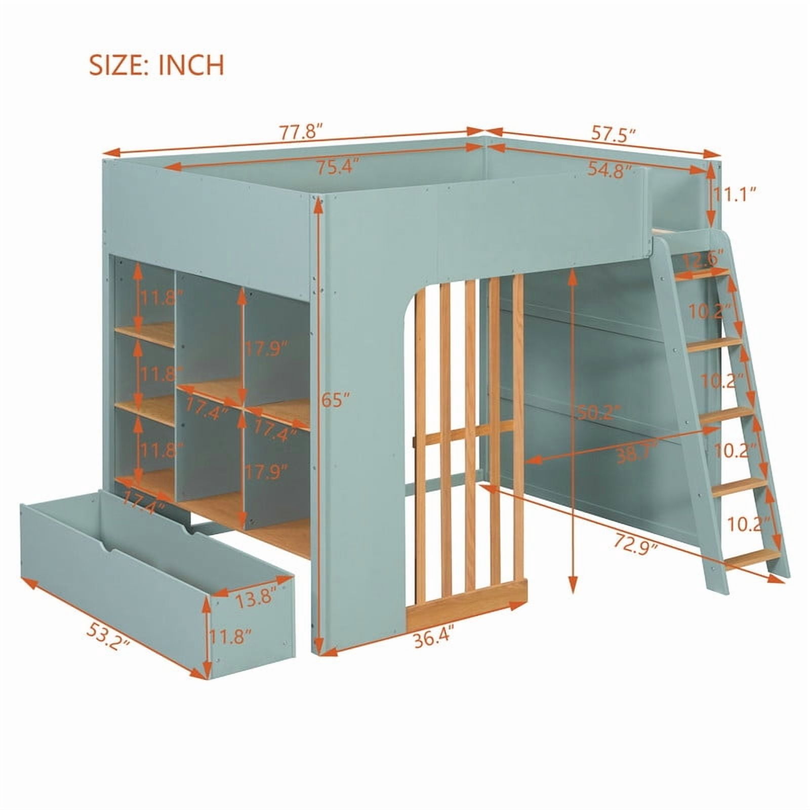 Full Size Kids Loft Bed with Shelves, Wooden High Profile Teens Storage Bed Frame with Ladder and Removable Large Drawer