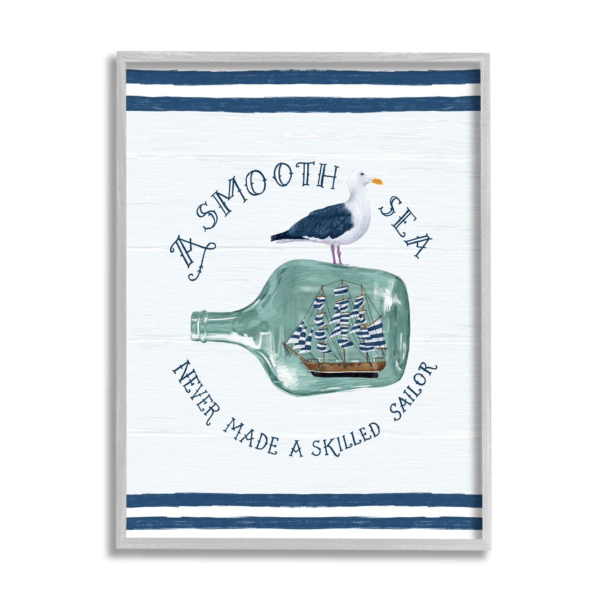 Stupell Industries Nautical Beach Saying Seagull Grainy Stripes Pattern Graphic Art Gray Framed Art Print Wall Art, Design by Raquel Maciel