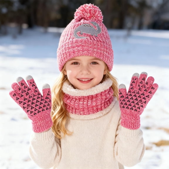 Kid Winter Hat Gloves and Neck Warmer Set, Warm Lining Beanie Hats Knitted Cap for 2-8 Years Girls Boys