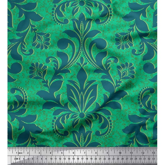 Soimoi Green Poly Georgette Fabric Vector Design Damask Printed Fabric 1 Yard 42 Inch Wide