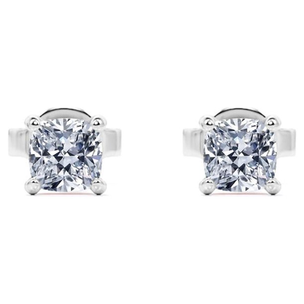 JeenMata Aros Tipo Botón Solitario de 4 Puntas con Diamantes de Talla Cojín de 0,75 Quilates Bañados en Oro Blanco de 18 K sobre Plata